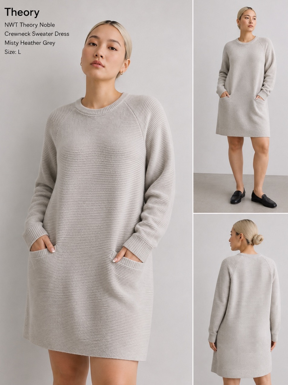 NWT Theory Noble Crewneck Sweater Dress Misty Heather Grey Ribbed Pockets L $475